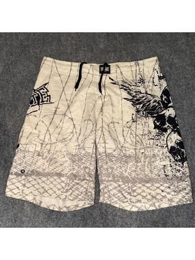 MMA Elite White Skull Surf Board Shorts Mens XL Vtg y2k 90s Rare